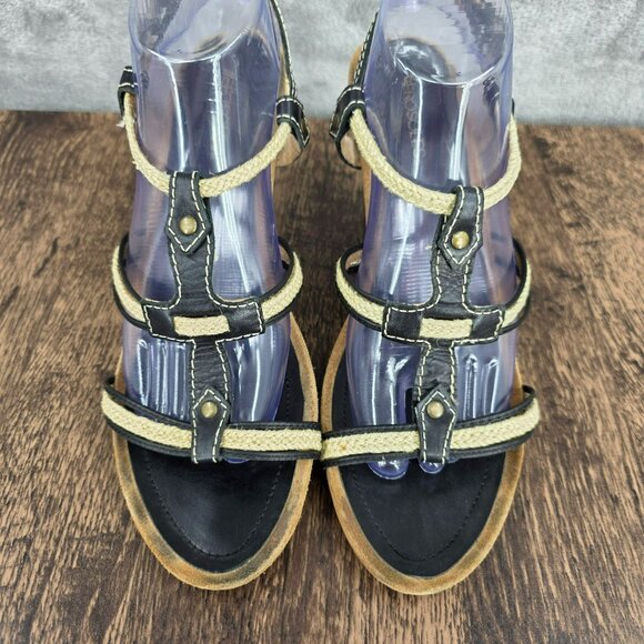 Aerosoles Swish Bone Strappy Wedge Sandals 11 Black Leather Natural Jute Comfort - Picture 5 of 14